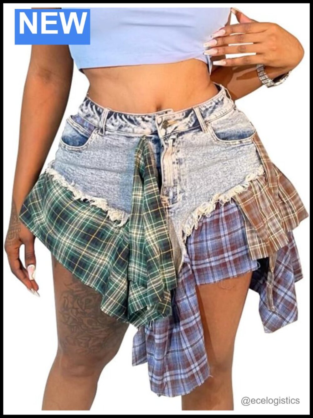 Women's Irregular Hem Patchwork Denim Mini Skirt A-Line Button Casual Y2K